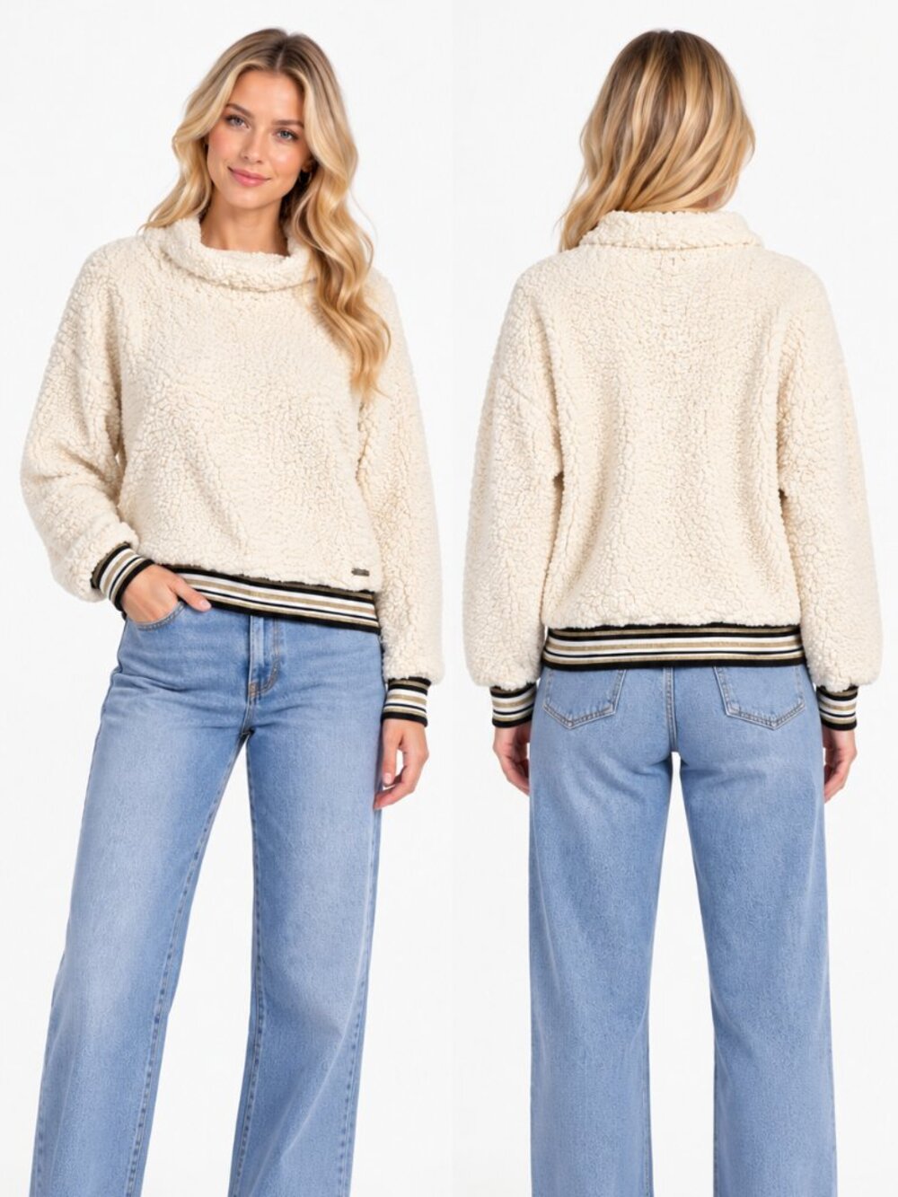 Nanette Lepore Faux Sherpa Fleece Pullover Sweatshirt Women Cream Metallic L